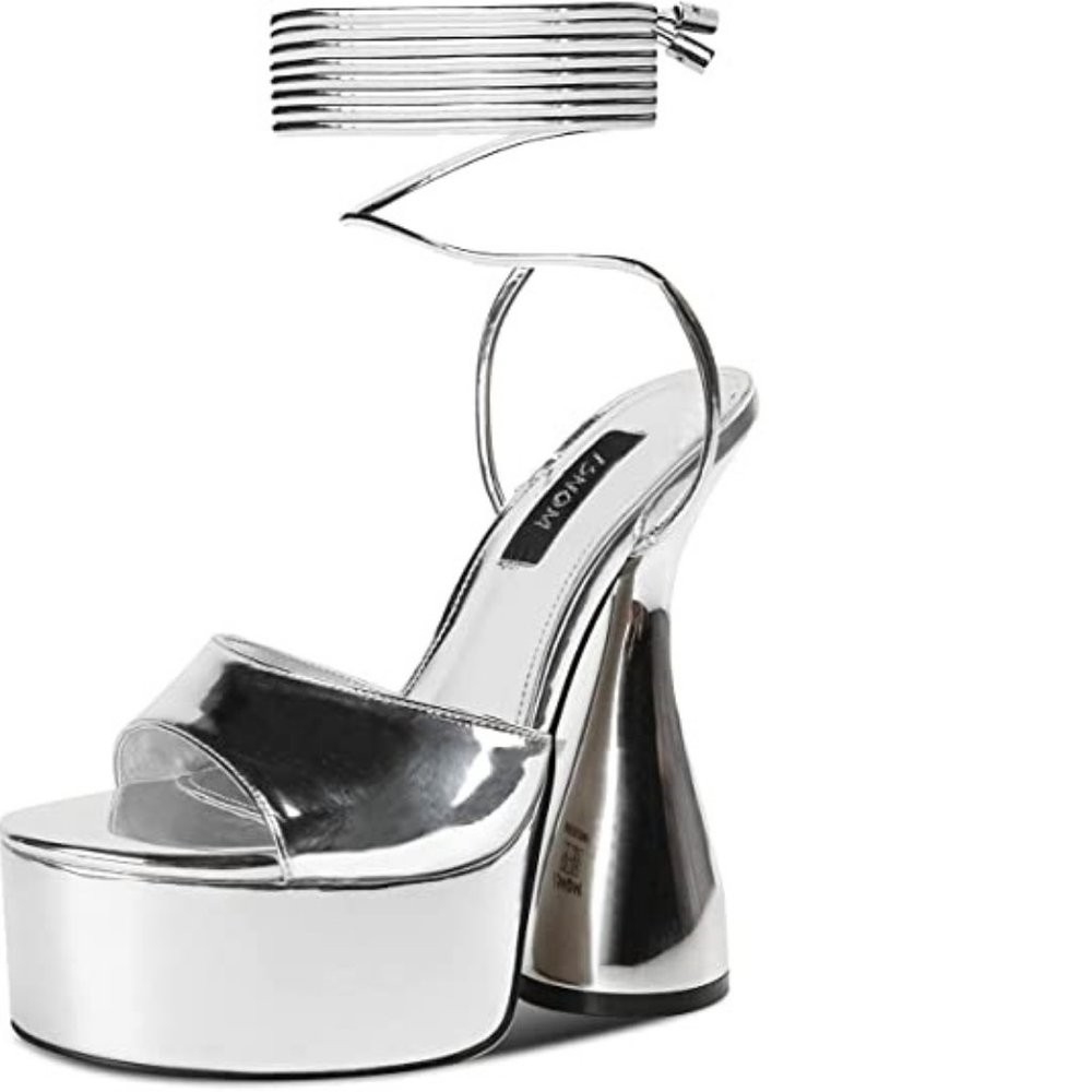 NIB ISNOM Platform Heels Silver Sandals Sz 8 Sexy Stripper Lace Up Peep Toe